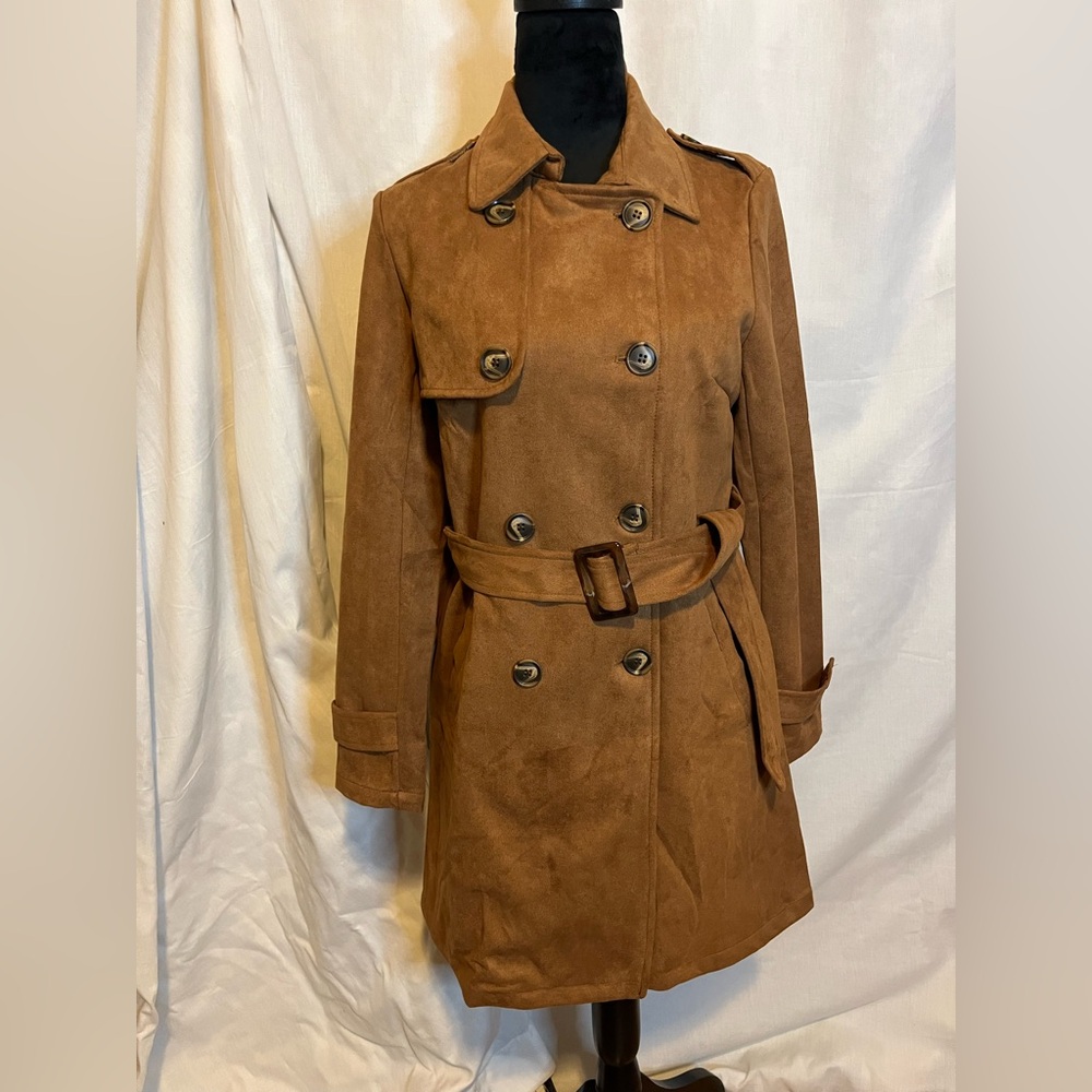 Allegra K Tan Double-Breasted Trench Coat